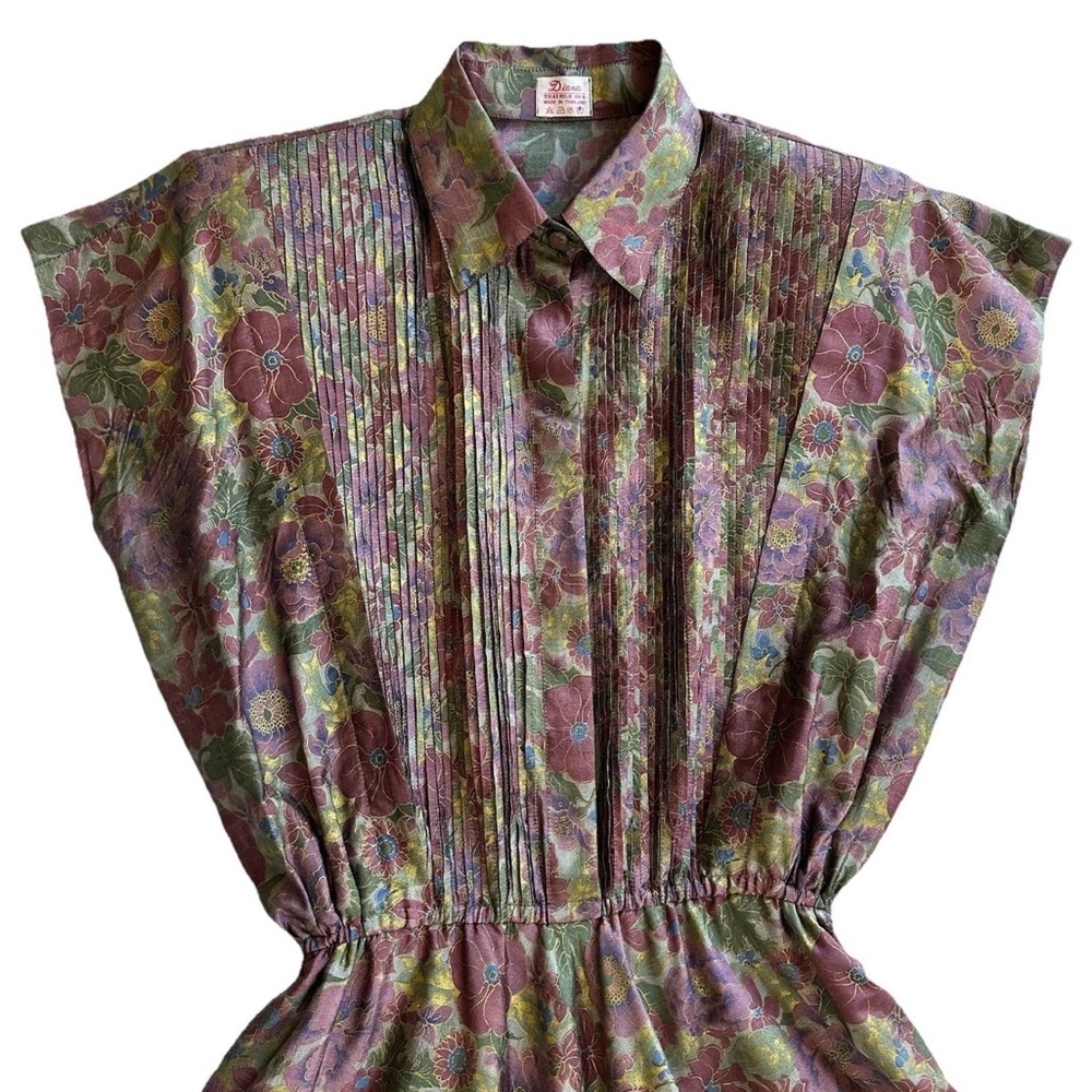 VTG 80s Diana Thai Silk Pleated Midi Day Dress Moody Floral S/M-Dark Academia